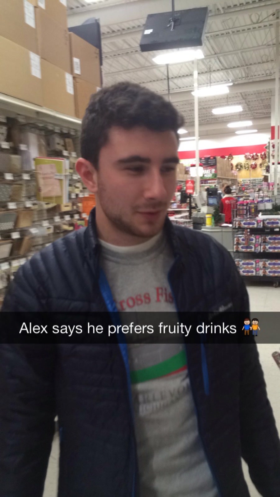 A young Alex in a store, captioned 'Alex says he prefers fruity drinks'